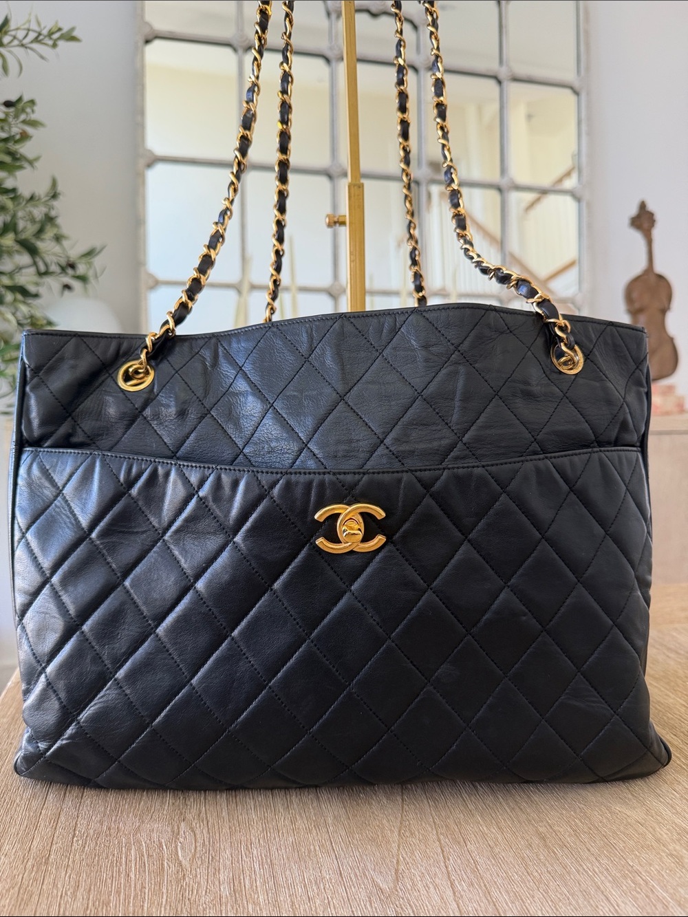 CHANEL Black Quilted Leather Shoulder Tote with Gold Chain Hardware